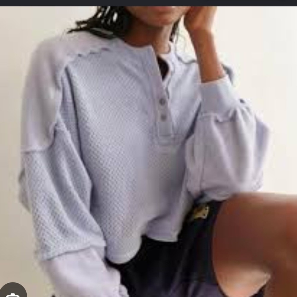 Out From Under Urban Outfitters Waffle Knit Henley Top Blue Raw Seam M Oversized